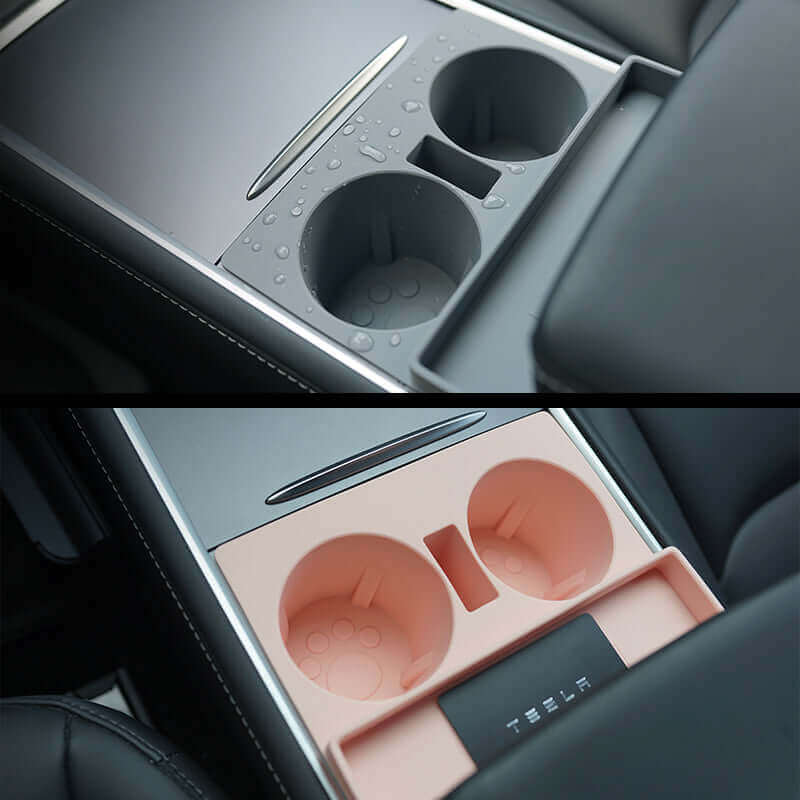 "Meow" Silicon Cup Holder Mat For Tesla Model Y - Gray - Pink