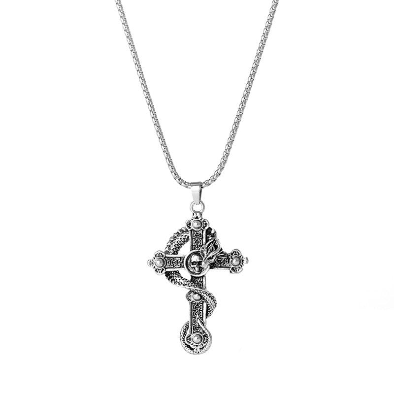 Vintage Dragon Skull Cross Pendant Necklace - Hip-Hop Street Style Titanium Chain-first