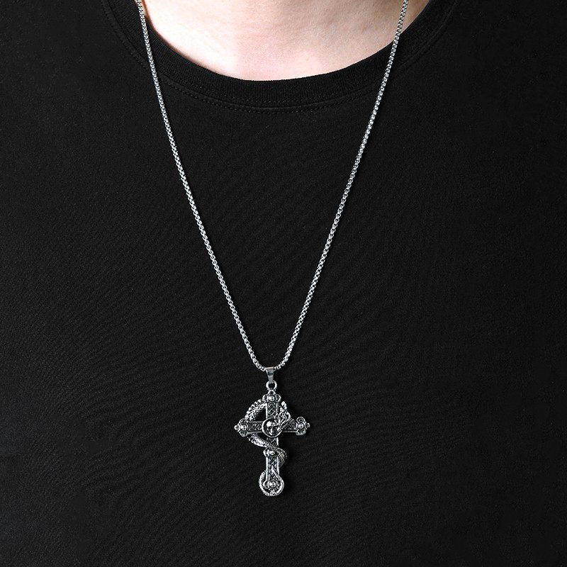 Vintage Dragon Skull Cross Pendant Necklace - Hip-Hop Street Style Titanium Chain