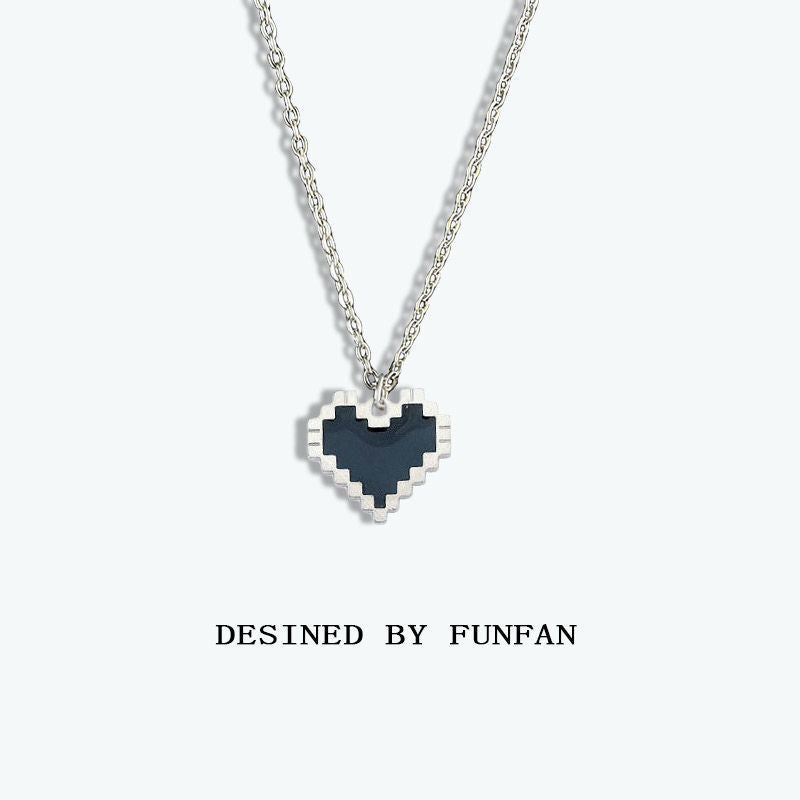 Pixel Heart Necklace - Black Mosaic Hollow Design for Couples-first